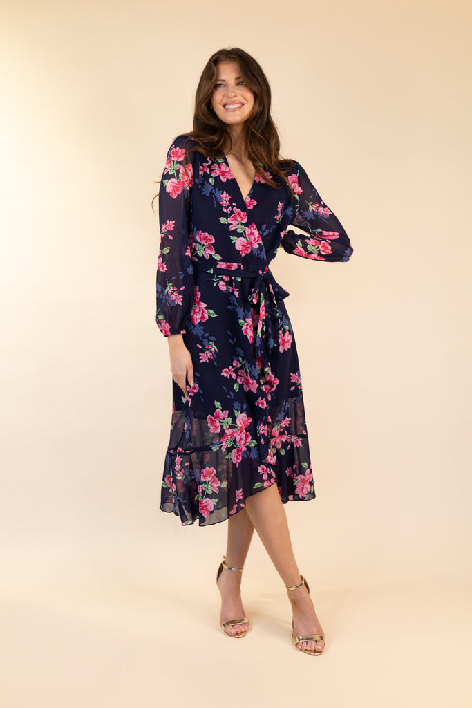 Ruby Navy & Pink Floral Chiffon Dress