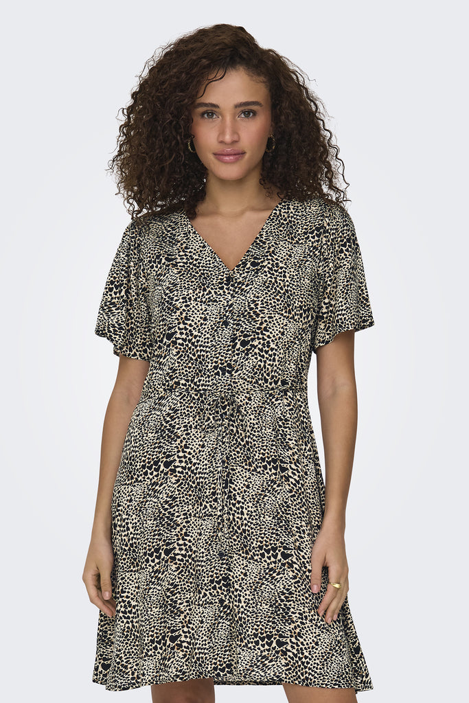Evida Stone & Black Heart Print Mini Dress