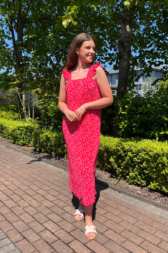 Flora Pink Floral Plisse Midi Dress