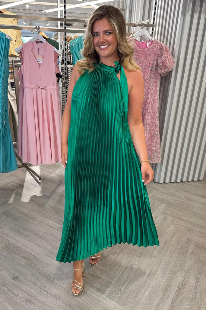Mila Green Pleated Halterneck Dress
