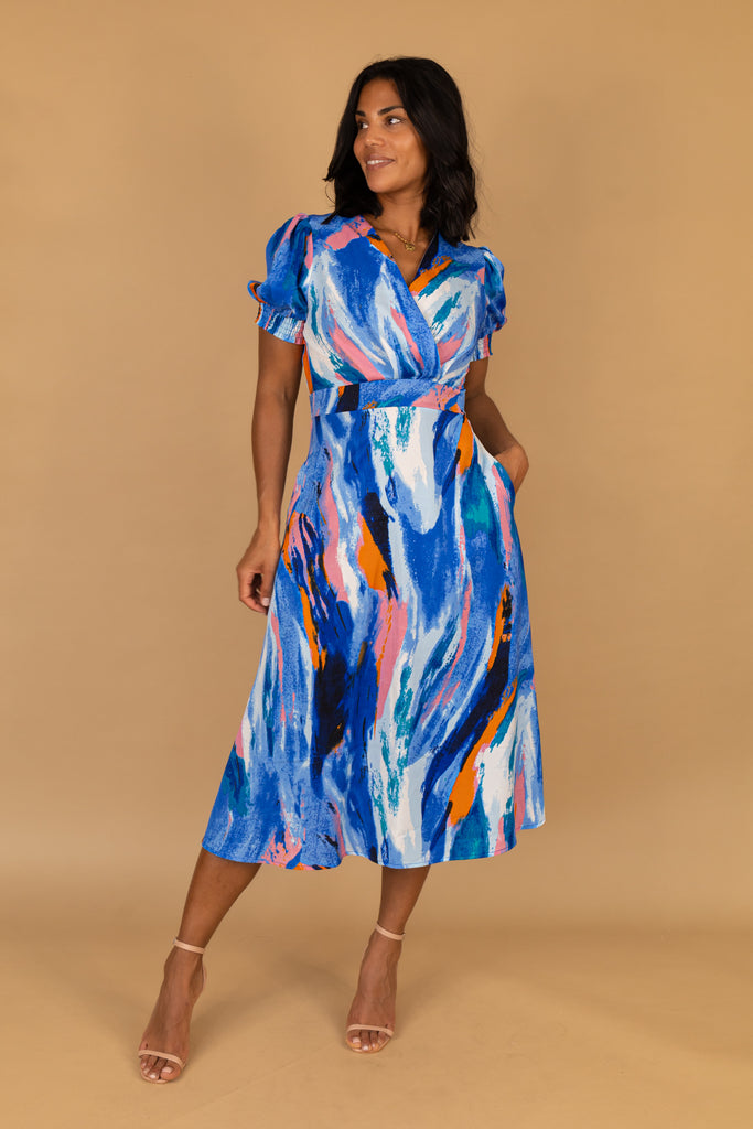 Rexa Blue & Pink Abstract Print Dress