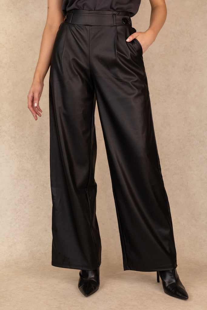 Geggo PU Wide Leg Black Trousers