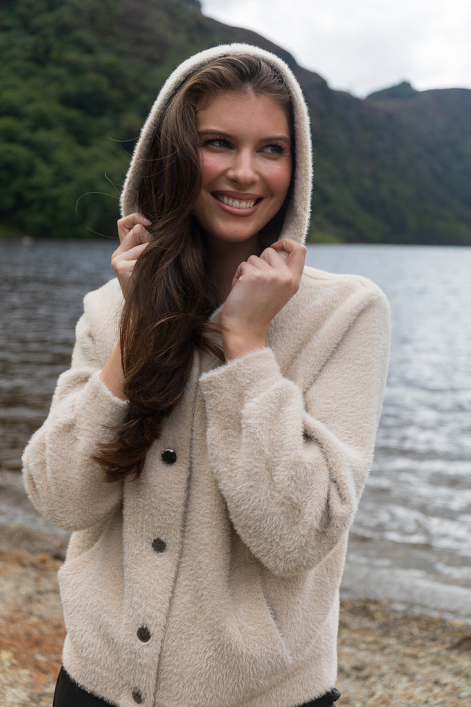 Charlie Beige Hooded Brushed Cardigan