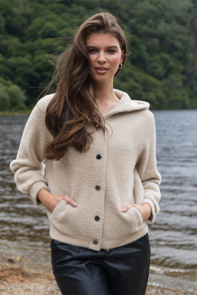 Charlie Beige Hooded Brushed Cardigan