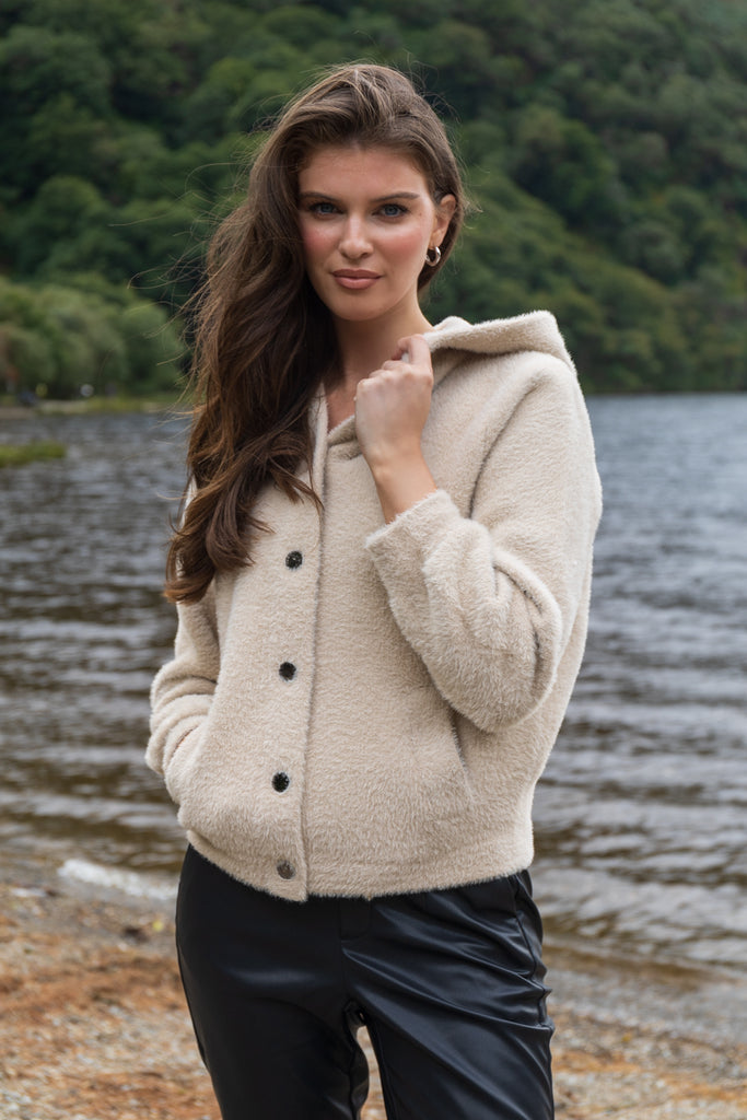 Charlie Beige Hooded Brushed Cardigan