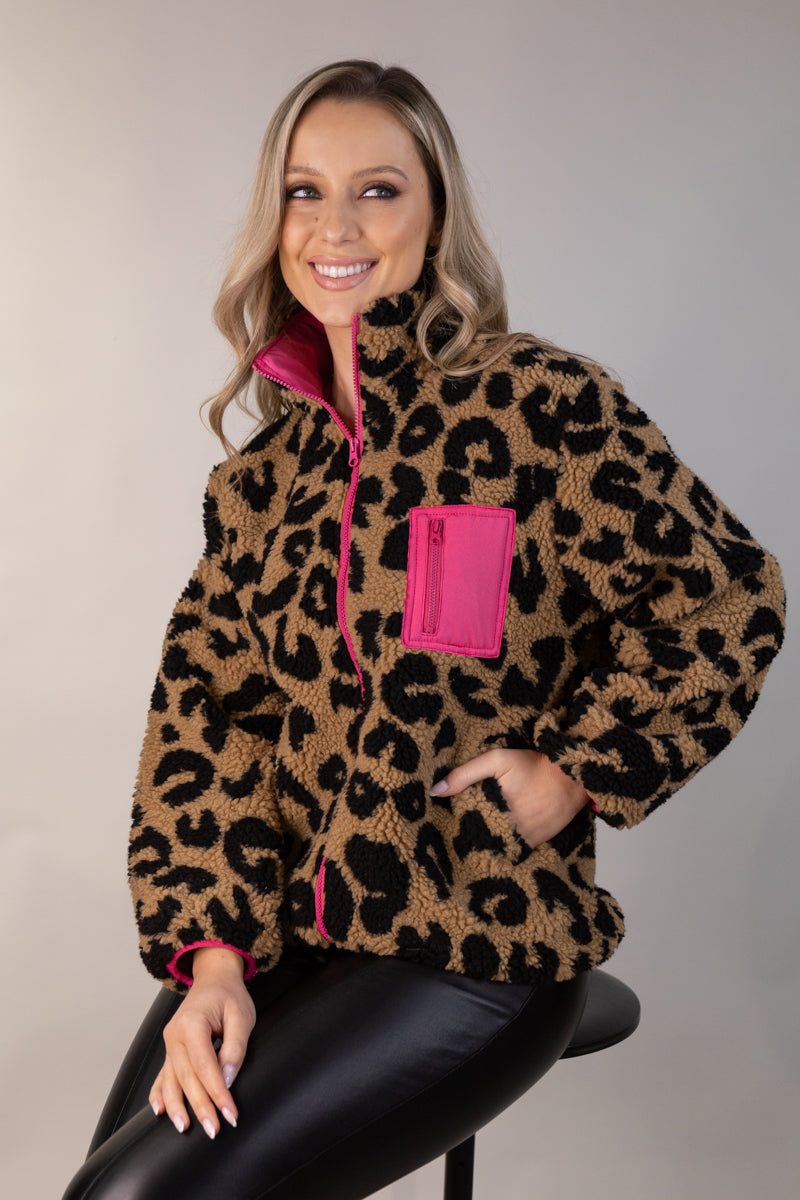 Raelynn Leopard Pink Contrast Zip Fleece