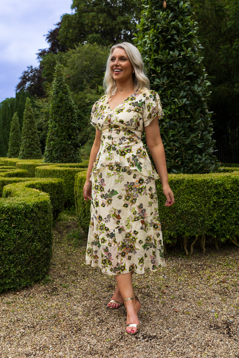 Nellie Cream & Green Ruffle Print Dress