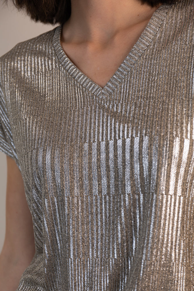 Miranda Beige Grey V-Neck Metallic Top