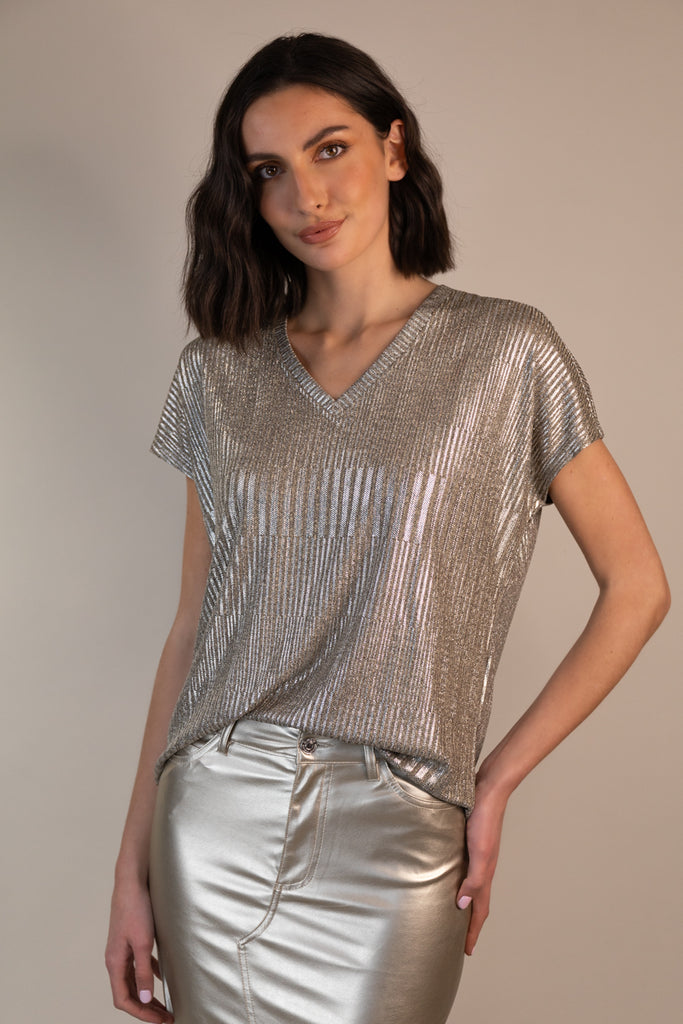 Miranda Beige Grey V-Neck Metallic Top