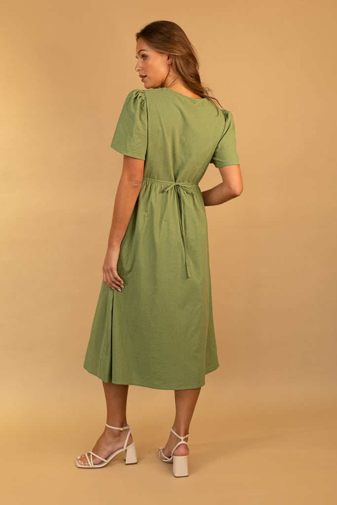 Marie Olive Green Gold Button Dress