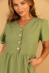 Marie Olive Green Gold Button Dress