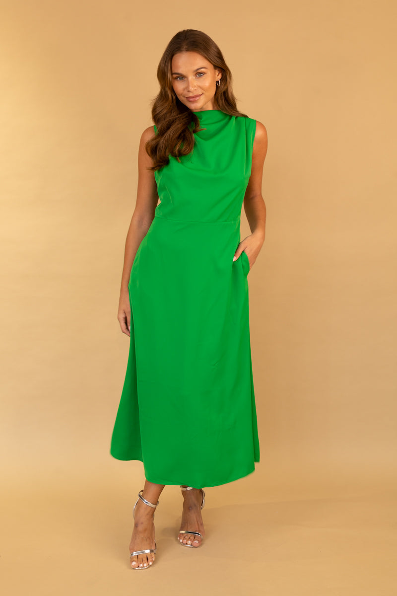 Adriana Green High Neck Midi Dress