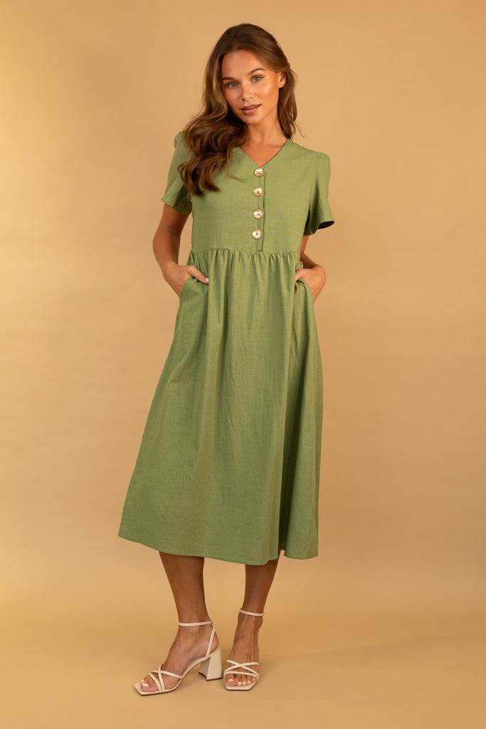 Marie Olive Green Gold Button Dress