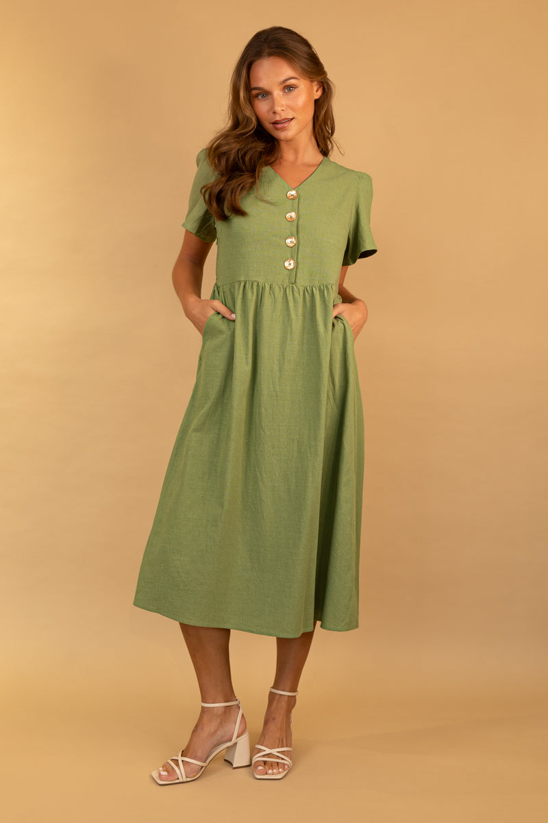 Marie Olive Green Gold Button Dress