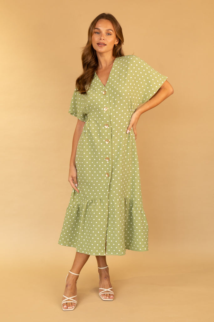 Nina Polka Dot Olive Green Button Dress