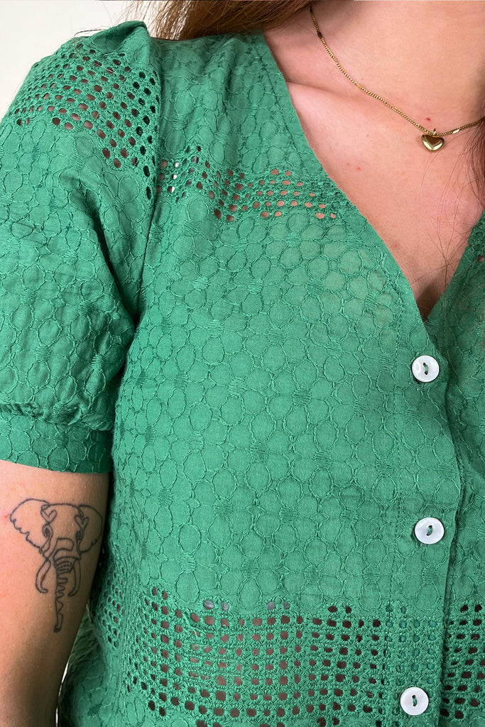 Taya Green Anglaise Puff Sleeve Top
