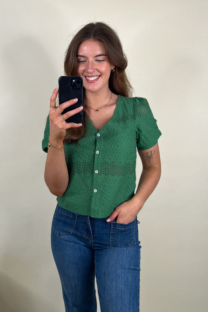 Taya Green Anglaise Puff Sleeve Top
