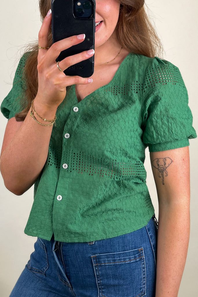 Taya Green Anglaise Puff Sleeve Top