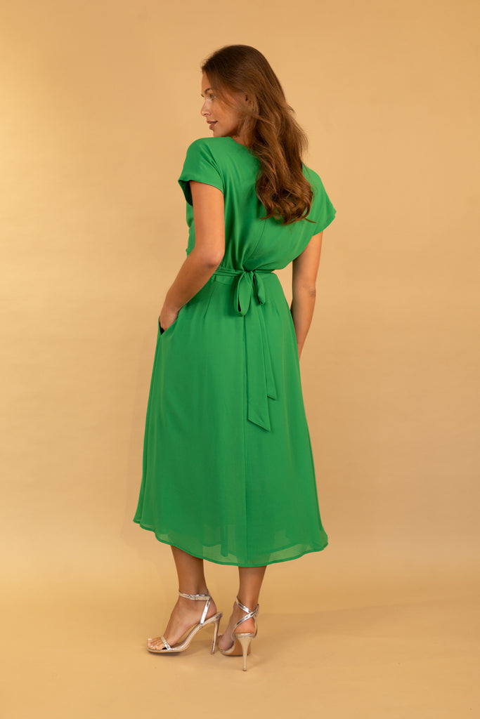 Dark Green Willow Cap Sleeve Midi Dress