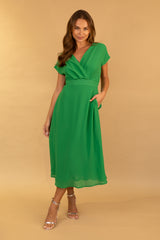 Dark Green Willow Cap Sleeve Midi Dress