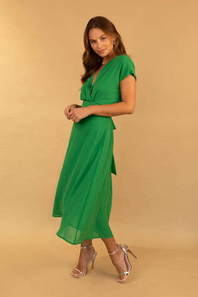 Dark Green Willow Cap Sleeve Midi Dress