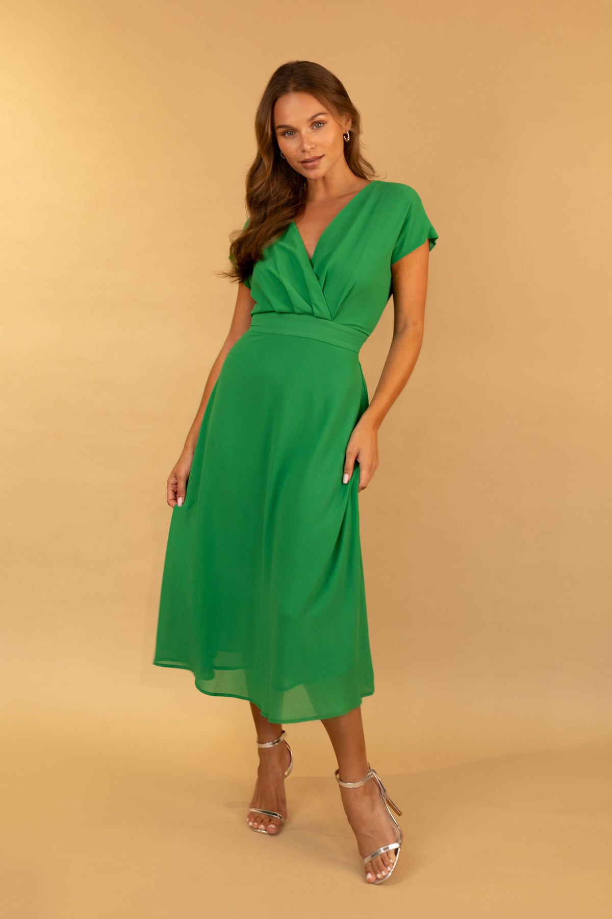 Dark Green Willow Cap Sleeve Midi Dress