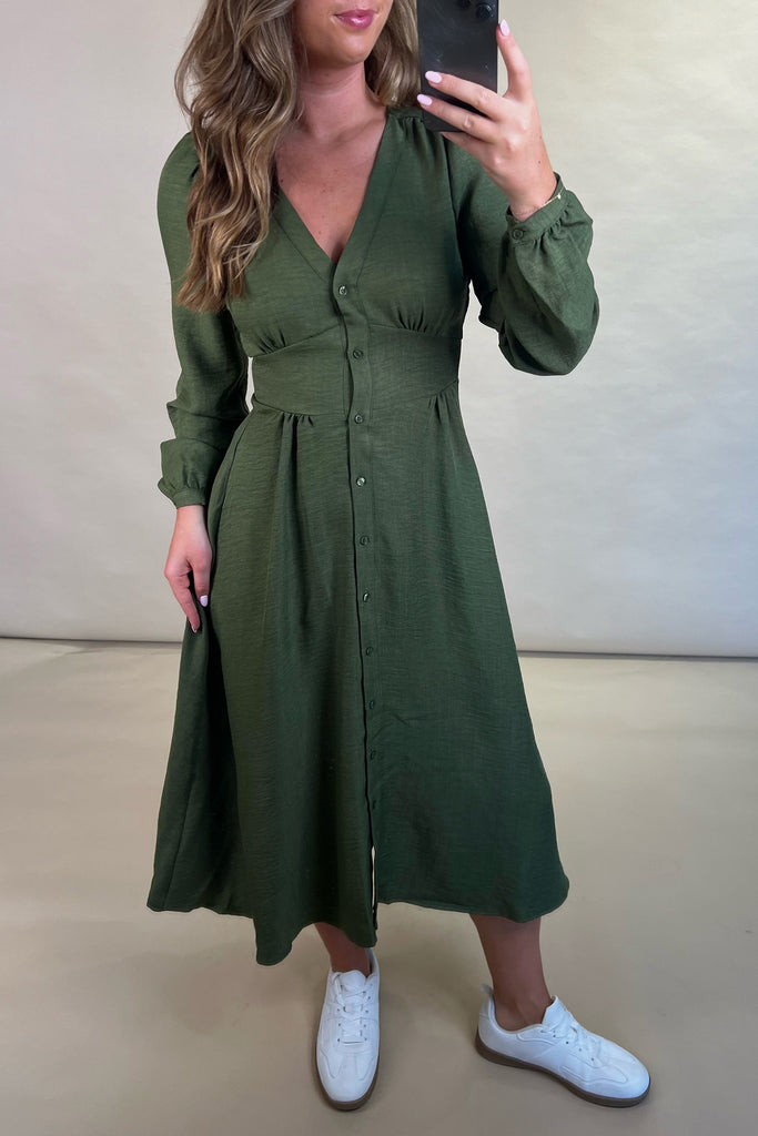 Meloney Green Button Midi Dress