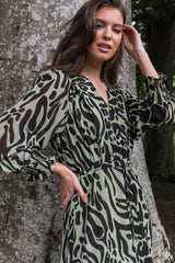 Megan Chiffon Green & Black Animal Print Midi Dress