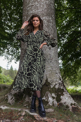 Megan Chiffon Green & Black Animal Print Midi Dress