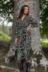 Megan Chiffon Green & Black Animal Print Midi Dress