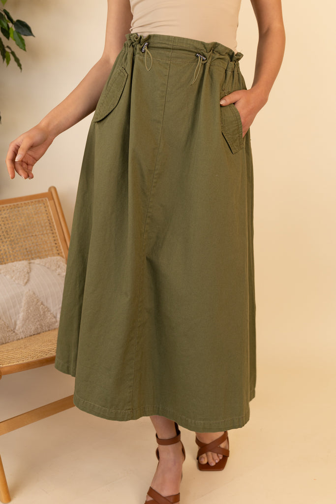 Pamala Long Olive Green Utility Skirt