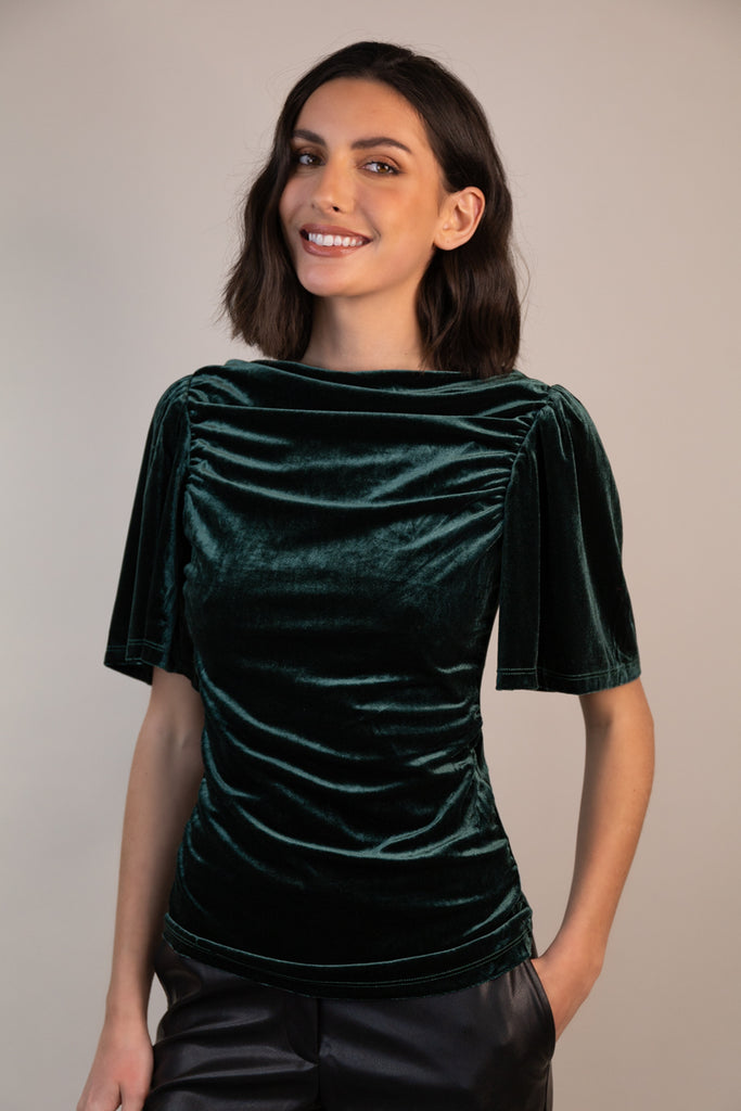 Velma Boat Neck Velour Green Top