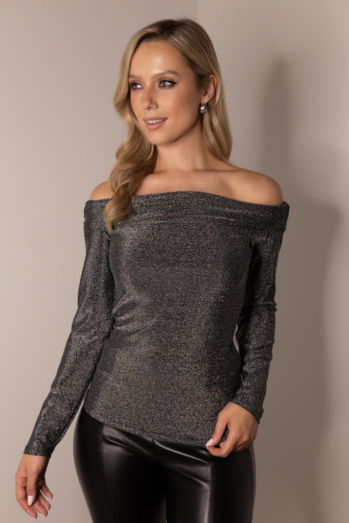 Sandra Grey Glitter Bardot Top