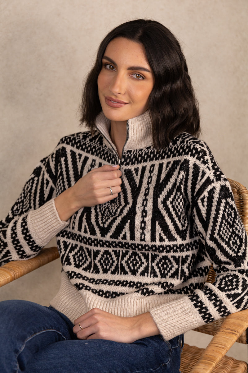 Felicia Cream & Black Aztec Zip Knit