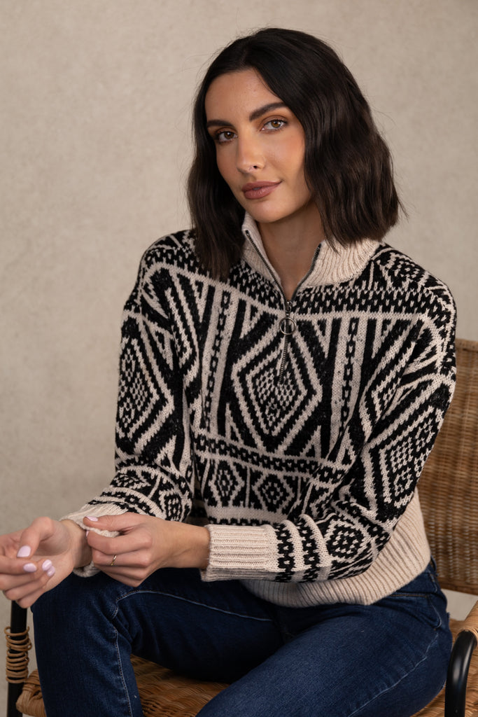 Felicia Cream & Black Aztec Zip Knit