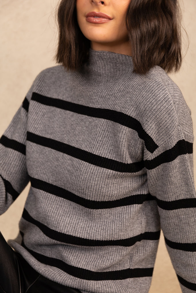 Viril High Neck Grey & Black Stripe Knit