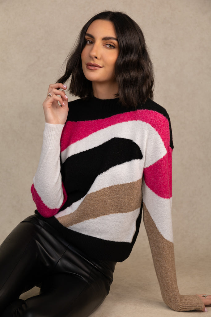 Fia High Neck Black Multi Graphic Knit