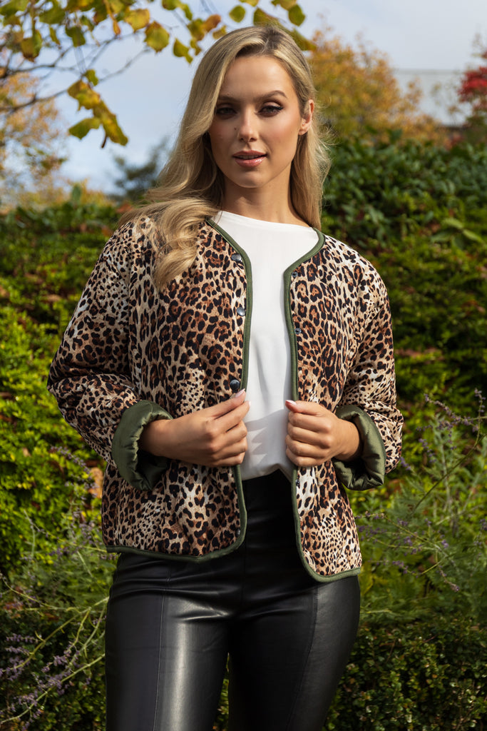 Gracie Leopard Quilted Contrast Trim Jacket