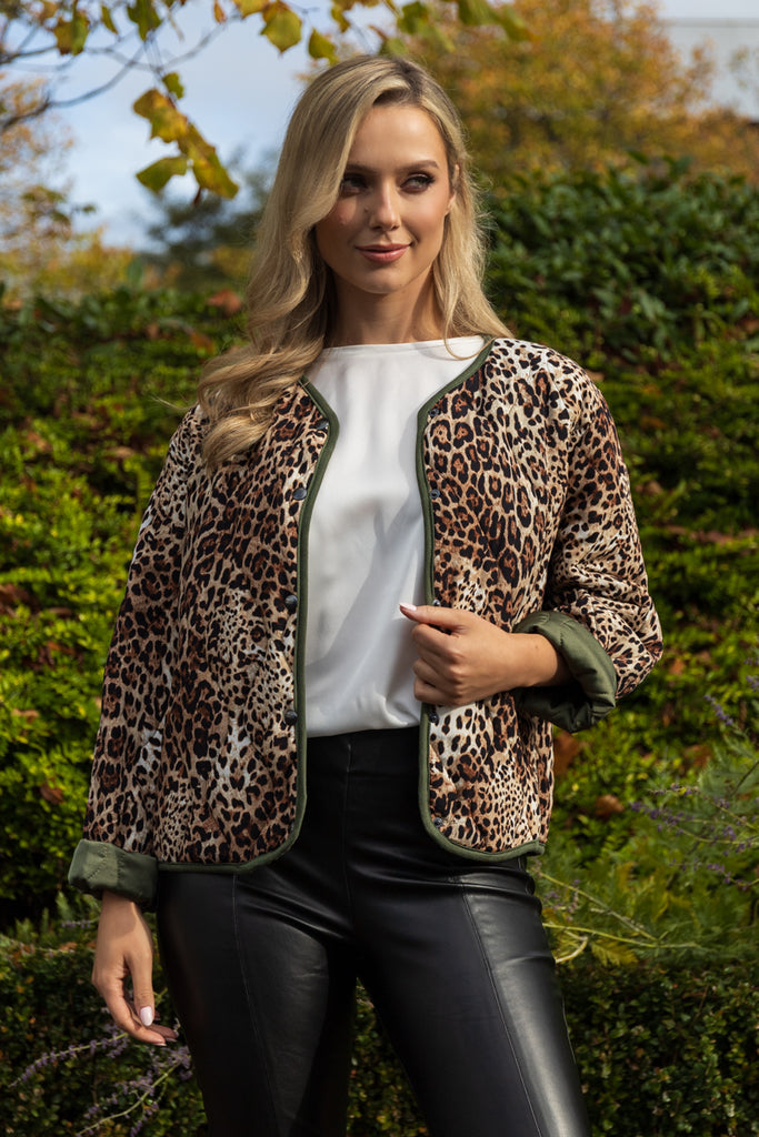 Gracie Leopard Quilted Contrast Trim Jacket