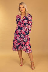 Ruby Navy & Pink Floral Chiffon Dress