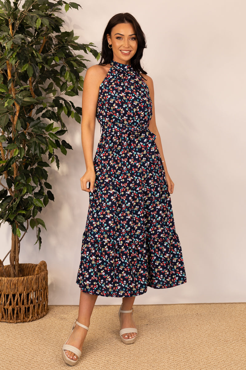 Navy Ditzy Floral Sonya Halter Neck Dress