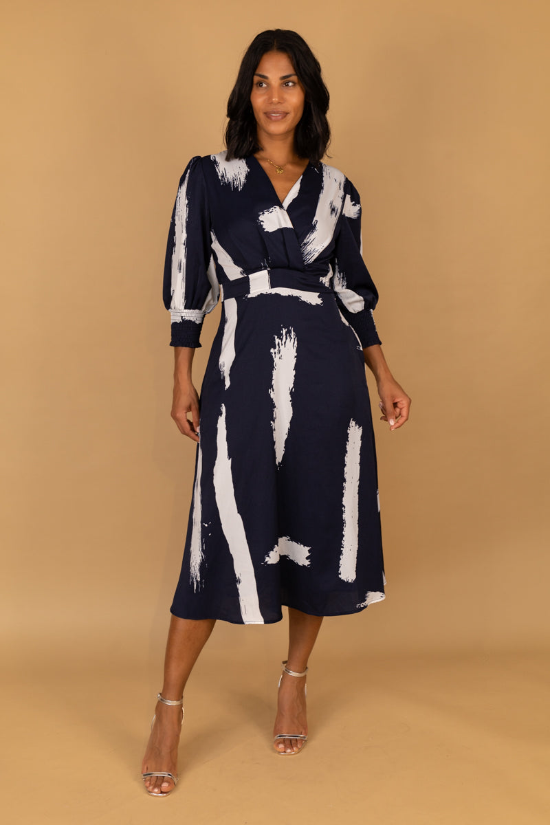 Rexa Navy & White Abstract Print Dress