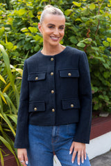 Quinn Cropped Buttoned Navy Jacket