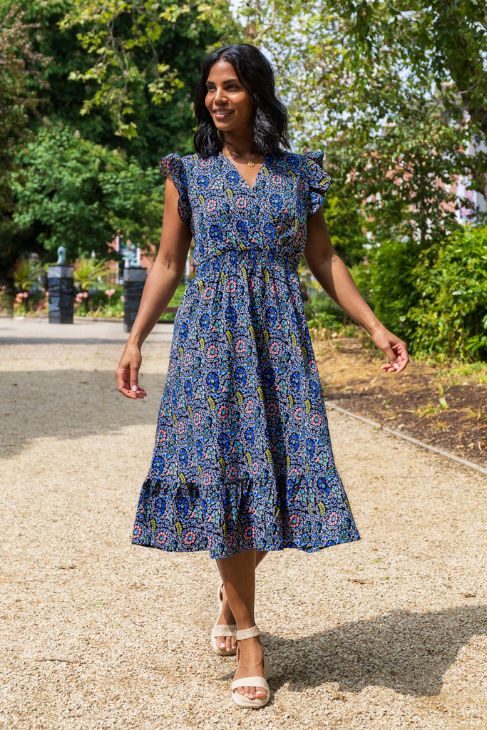 Tyra Navy & Blue Floral Print Midi Dress