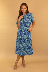 Blue & Green Leaf Niko Midi Dress