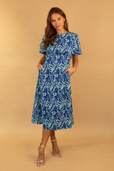 Blue & Green Leaf Niko Midi Dress