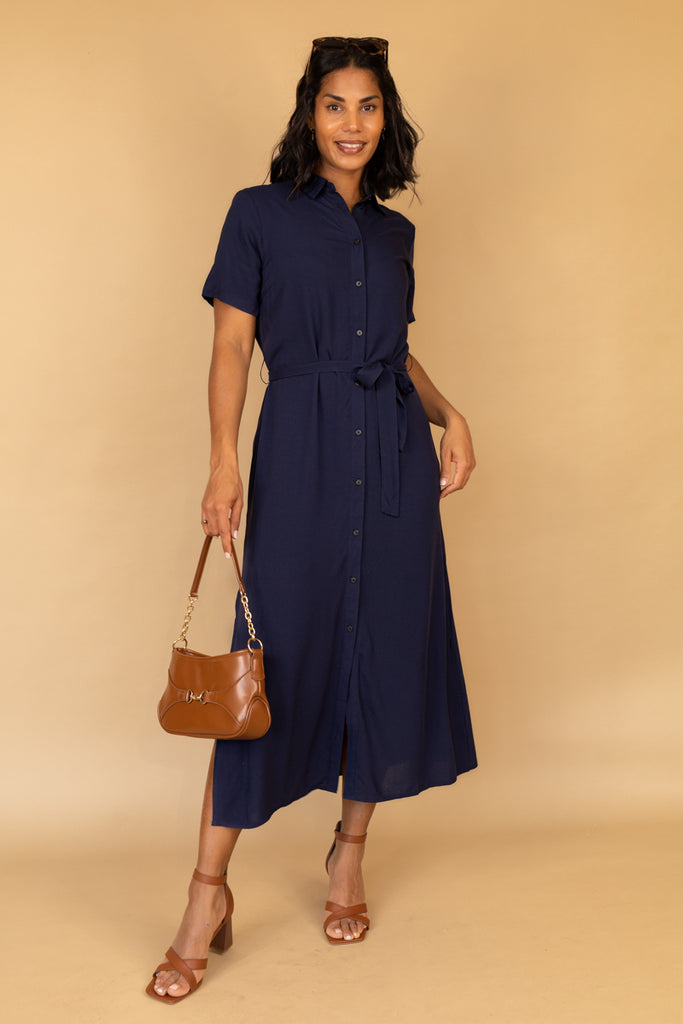 Nova Irina Navy Belted Shirt Dress