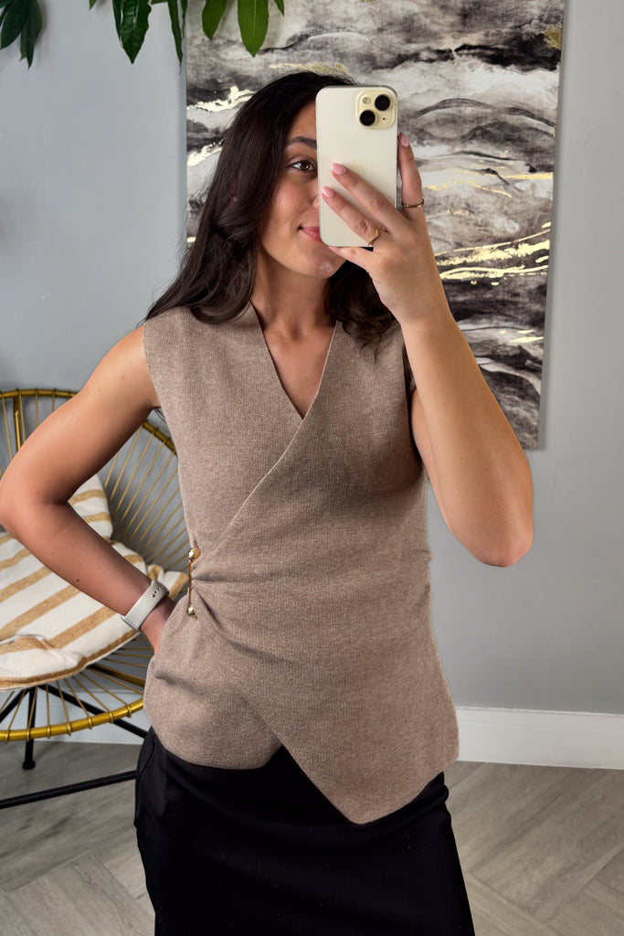 Buckle Knit Taupe Vest Top