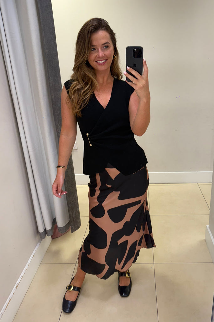 Black & Beige Geo Midi Skirt