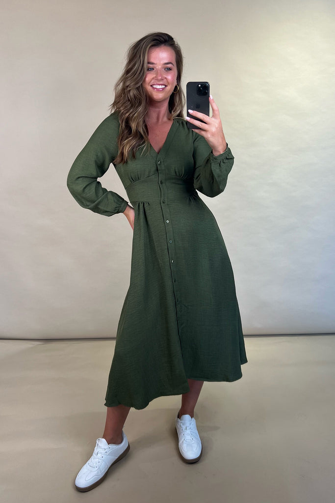 Meloney Green Button Midi Dress